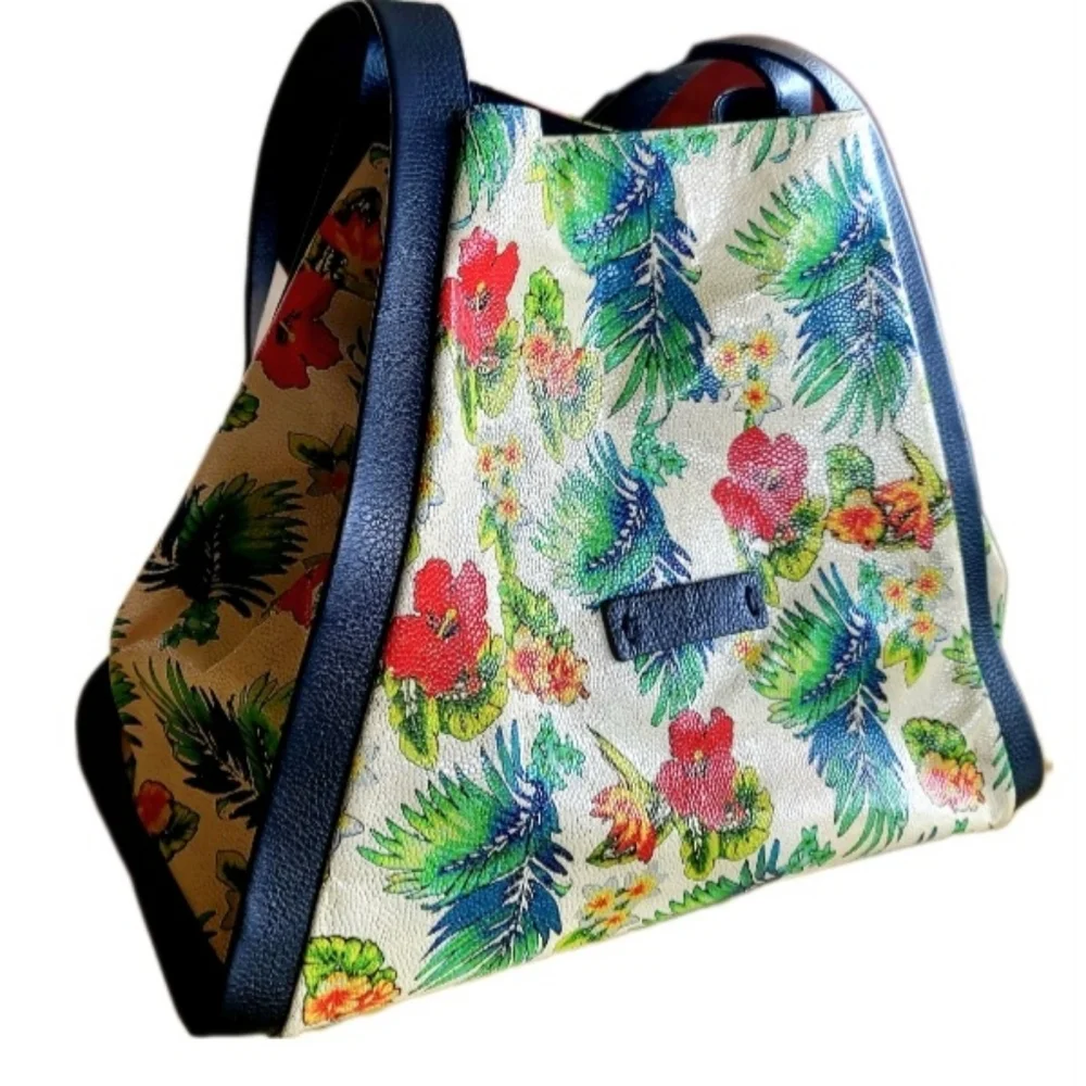 SENSATIONAL Pebbled  Leather Tote Bag Sunny Floral Print Handmade in Türkiye